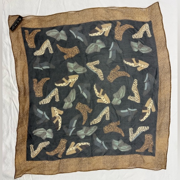 Echo Silk Scarf Shoe Print Leopard Heels Loafers Brown Black Square - Picture 2 of 9